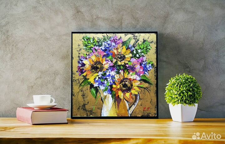 Картина маслом на холсте цветы подсолнухи 33/33 см