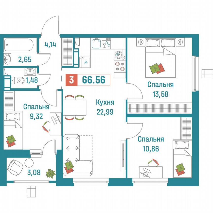 3-к. квартира, 66,6 м², 11/18 эт.