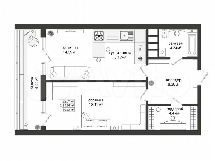 2-к. квартира, 59 м², 13/22 эт.