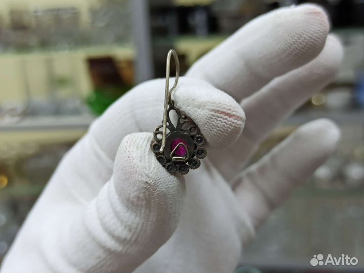 Советские Серьги Мельхиор Красные Камни Стёкла