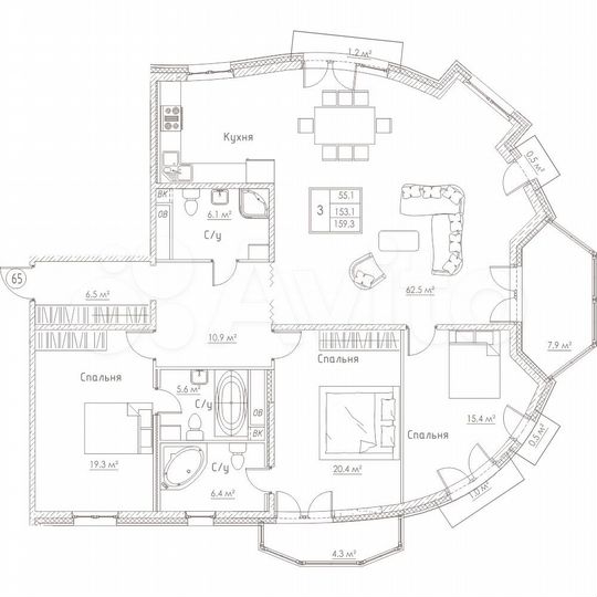 4-к. квартира, 161 м², 6/23 эт.