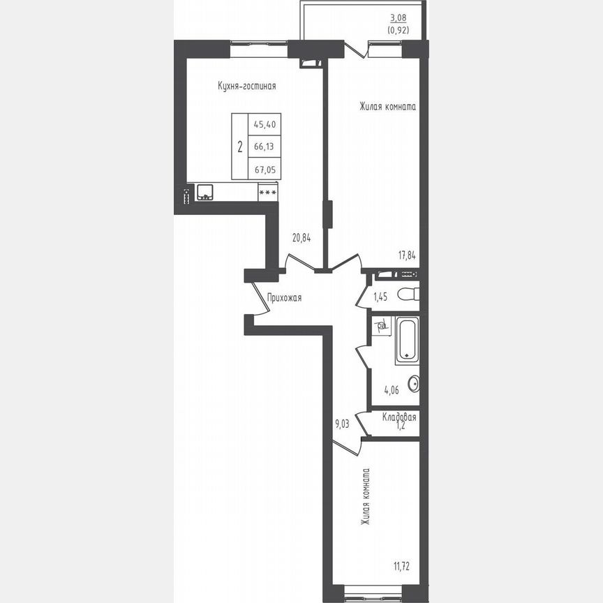 2-к. квартира, 67,1 м², 3/5 эт.