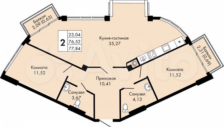2-к. квартира, 77,8 м², 7/9 эт.
