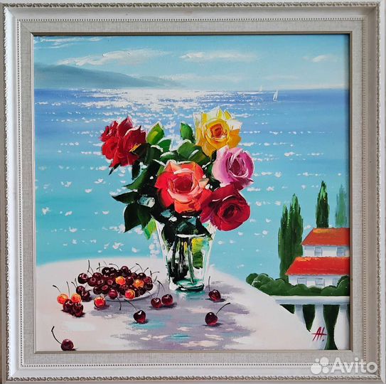 Картина холст масло 71*71 цветы розы море