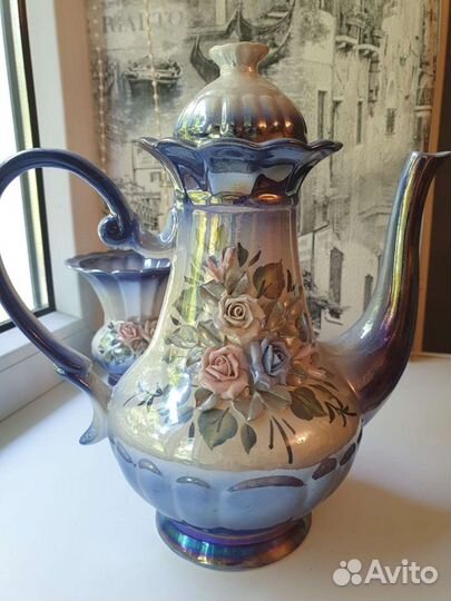 Чайный форфоровый сервиз, синий перламутр с розами