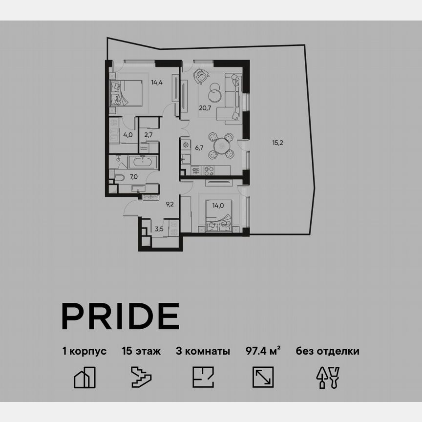2-к. квартира, 97,4 м², 15/22 эт.