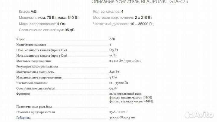 Усилитель blaupunkt gta475 4 канальный