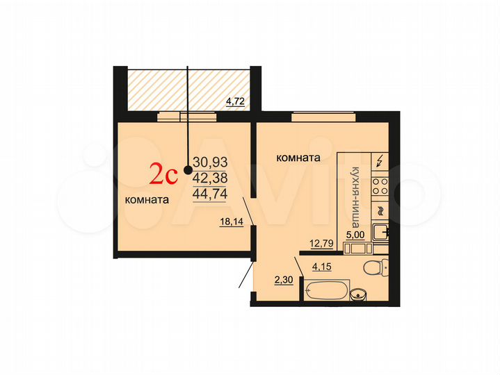 1-к. квартира, 44,7 м², 2/10 эт.