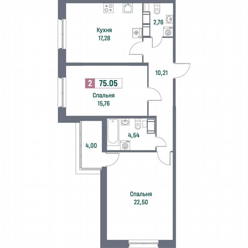 2-к. квартира, 75,1 м², 11/16 эт.