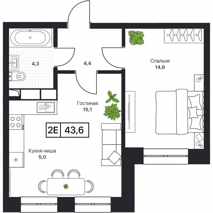 2-к. квартира, 43,6 м², 3/17 эт.