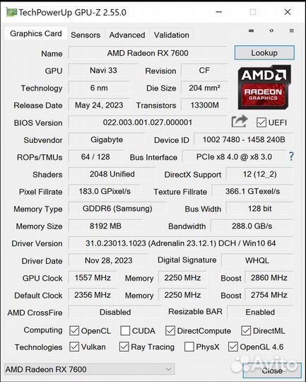 Видеокарта gigabyte AMD Radeon RX 7600 gaming OC