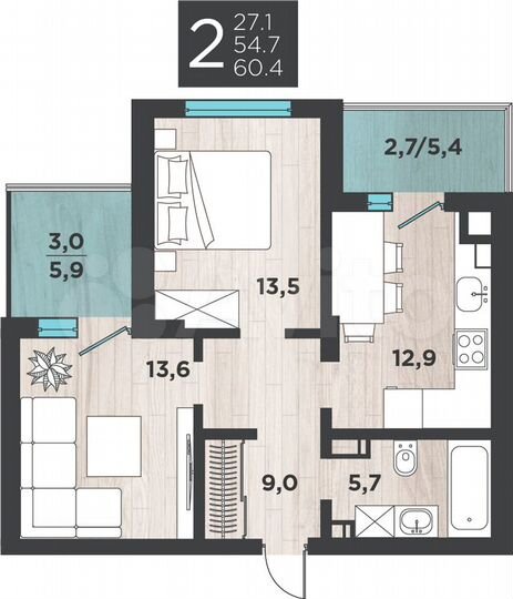 2-к. квартира, 60,4 м², 2/9 эт.
