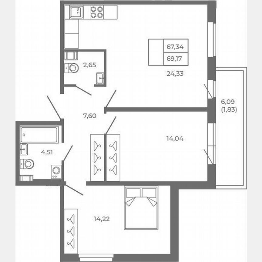 3-к. квартира, 67,3 м², 1/4 эт.