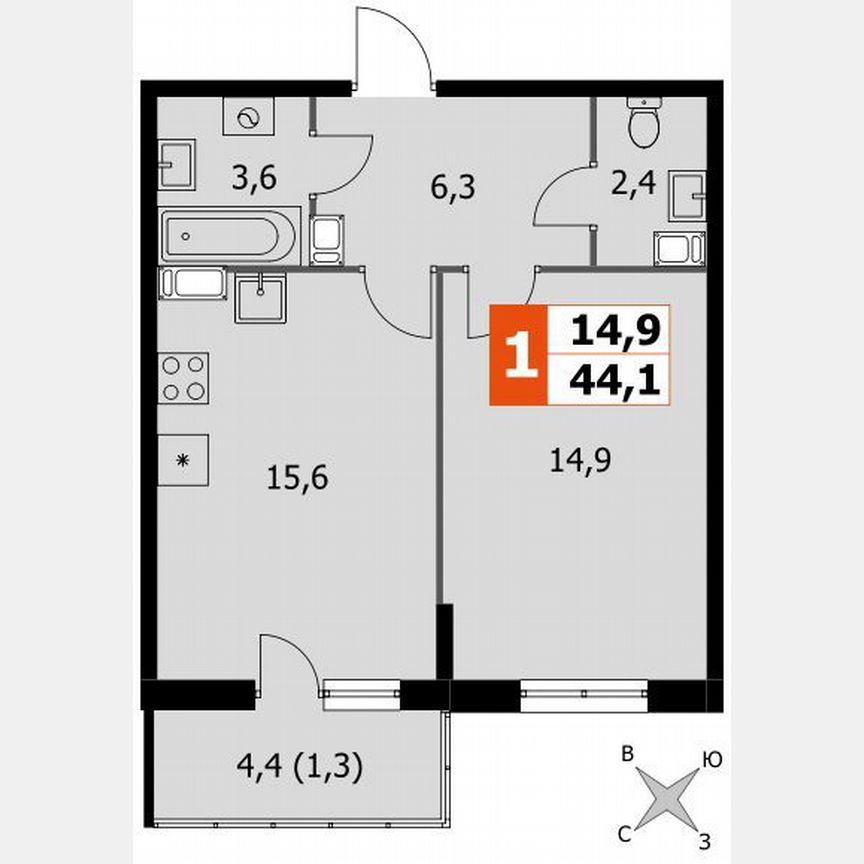 1-к. квартира, 44,1 м², 17/24 эт.
