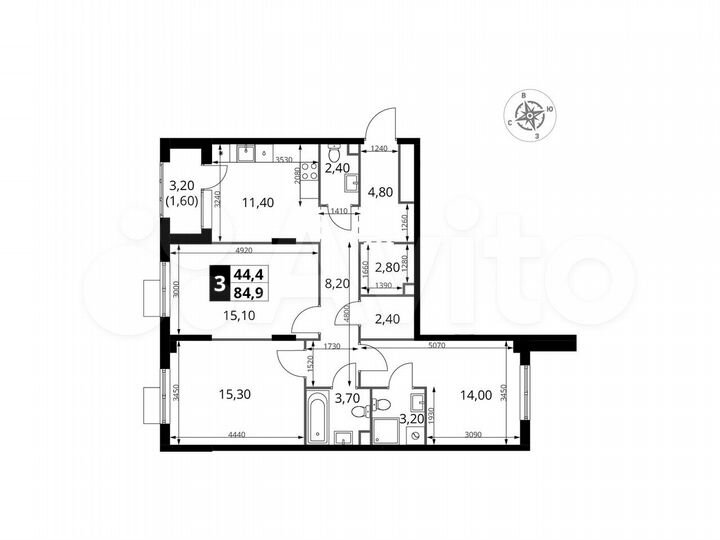 3-к. квартира, 84,9 м², 3/16 эт.