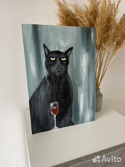 Картина кот с бокалом вина холст