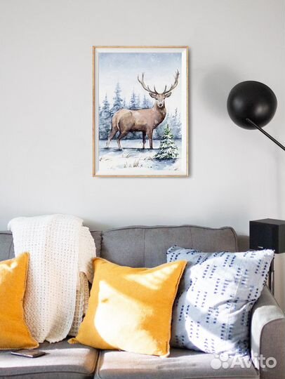 Картина акварелью пейзаж с оленем