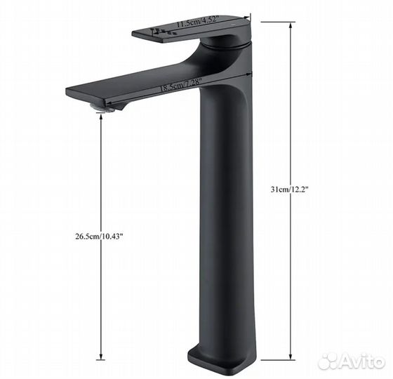 Смеситель черный высокий для накладных раковин