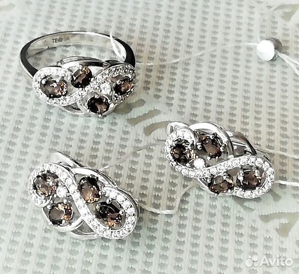 Серьги, кольцо серебро раухтопаз разм.17,0 С532