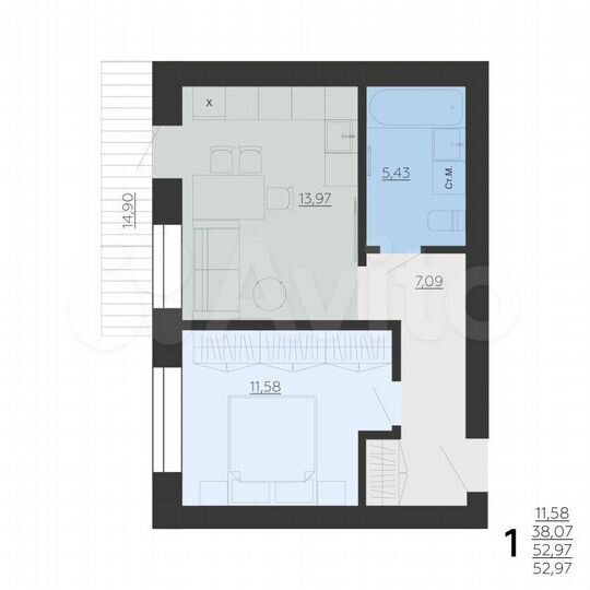 1-к. квартира, 53 м², 1/6 эт.