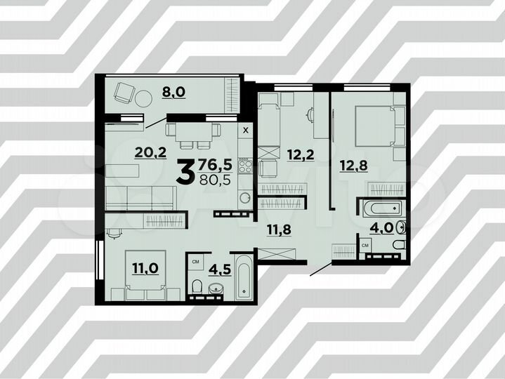 3-к. квартира, 80,5 м², 1/9 эт.