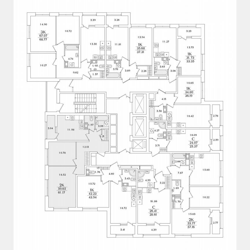 2-к. квартира, 61,2 м², 3/22 эт.