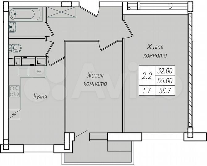 2-к. квартира, 56,7 м², 4/10 эт.