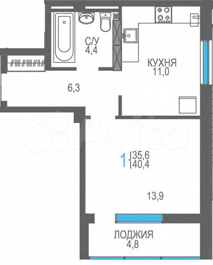 1-к. квартира, 40,4 м², 7/9 эт.