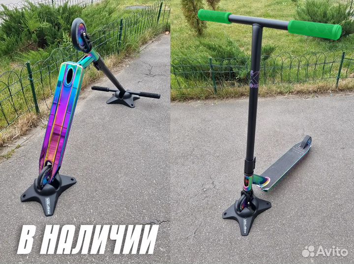 Трюковой самокат mystiq r04 с зелёными грипсами