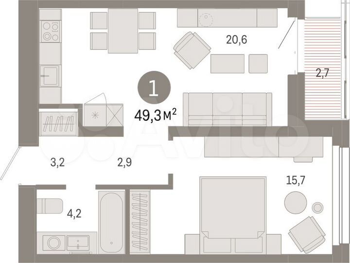 1-к. квартира, 49,3 м², 5/17 эт.