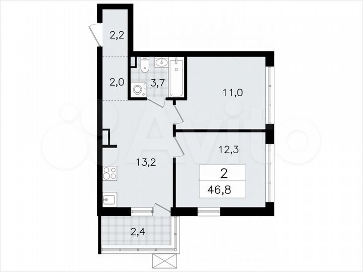 2-к. квартира, 46,8 м², 12/12 эт.