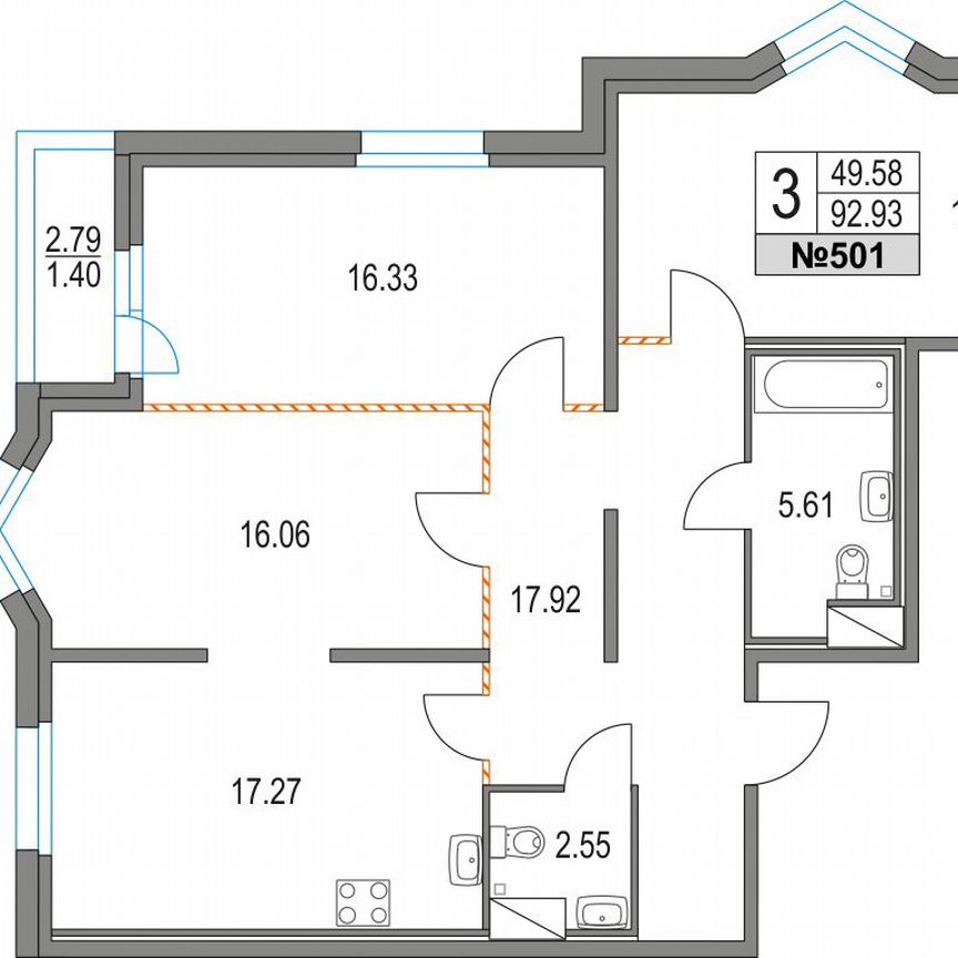 3-к. квартира, 92,9 м², 13/21 эт.