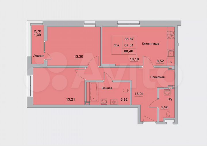 3-к. квартира, 68,4 м², 22/25 эт.
