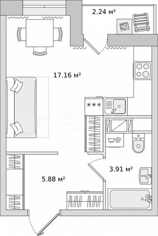 Квартира-студия, 27,3 м², 2/17 эт.