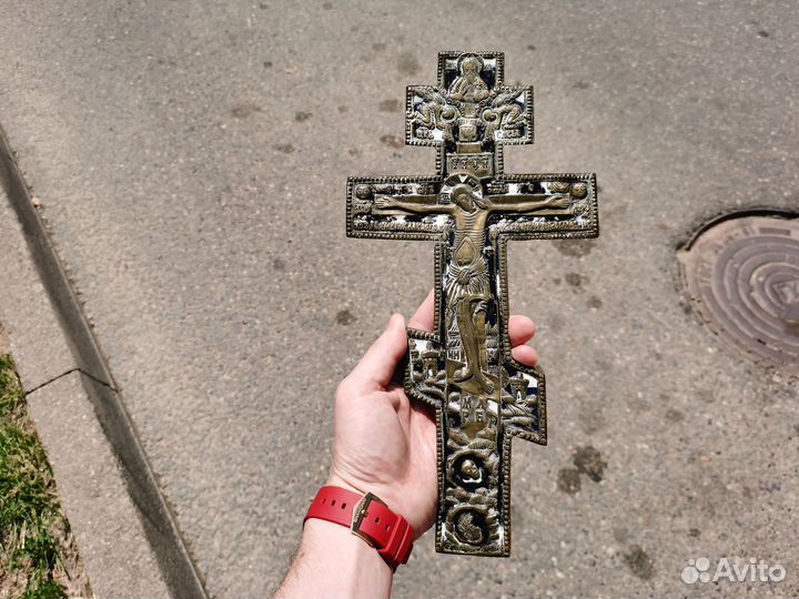 Крест напрестольный бронза эмаль 18 - 19 век Русь