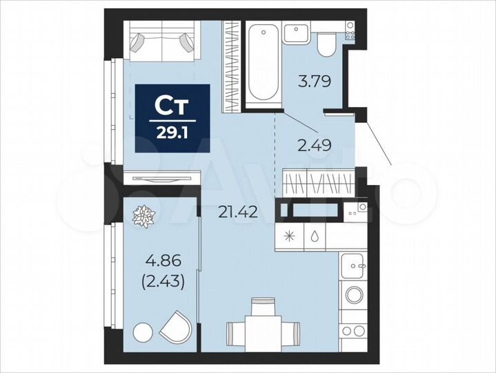 Квартира-студия, 29,1 м², 5/22 эт.