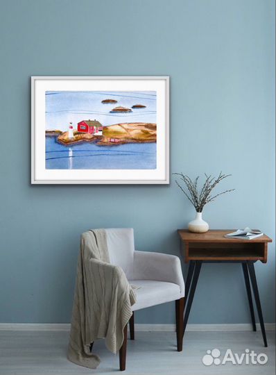 Акварельная картина. Скандинавская деревня