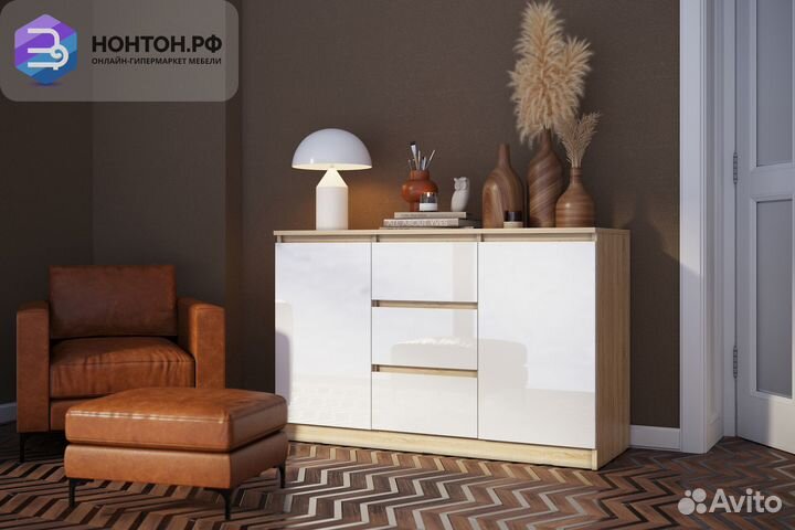 Комод Челси 1200 белый глянец / дуб сонома