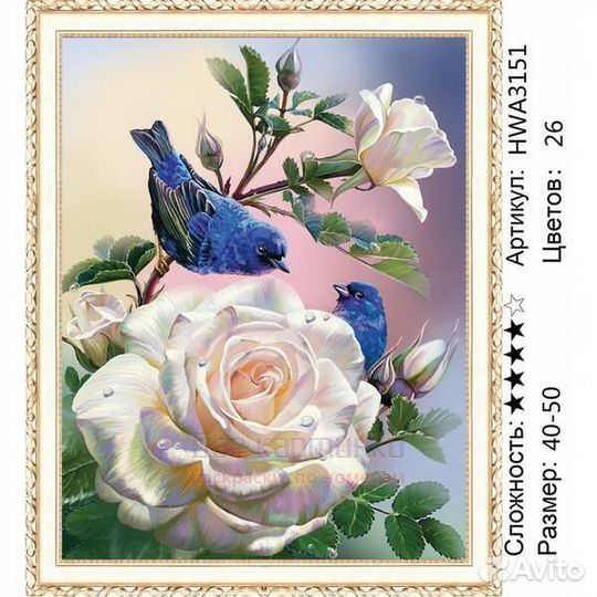 Алмазная мозаика 40x50 Синие птички на белых