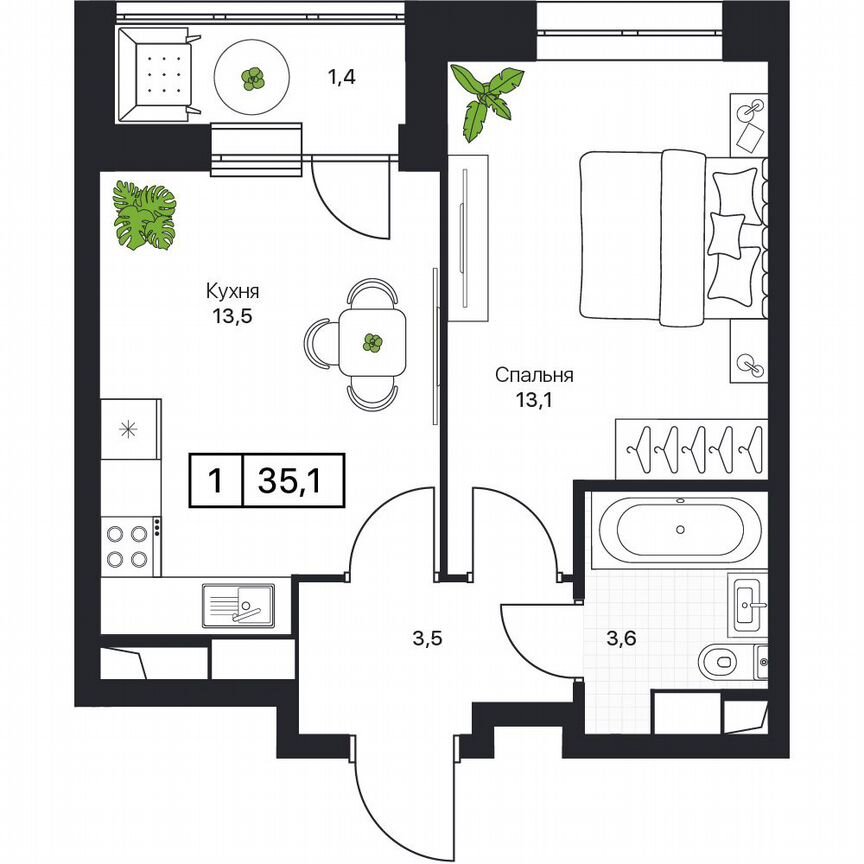 1-к. квартира, 35,1 м², 16/17 эт.