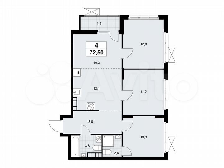 4-к. квартира, 72,5 м², 16/19 эт.