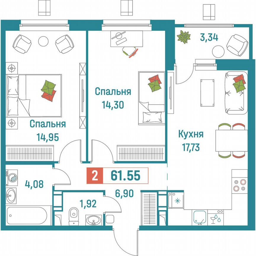 2-к. квартира, 61,6 м², 15/18 эт.