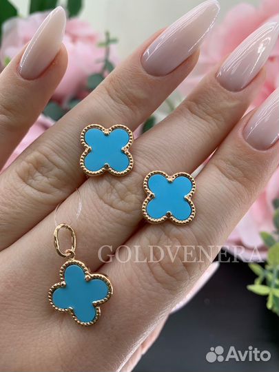 Золотой комплект клевера с бирюзой 585