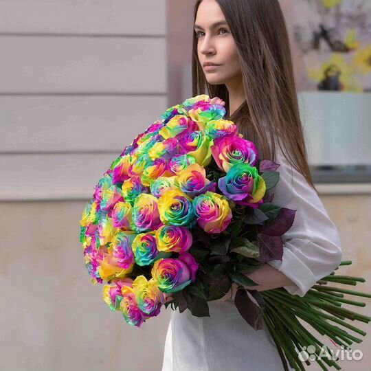Радужные розы натуральные