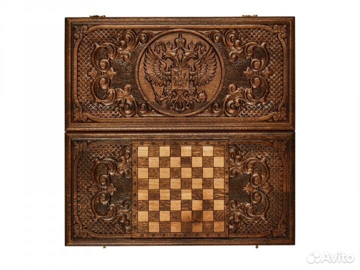 Нарды и шашки резные Герб РФ 50 х 50 см Бук Армения 62455