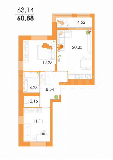 3-к. квартира, 60,9 м², 2/16 эт.