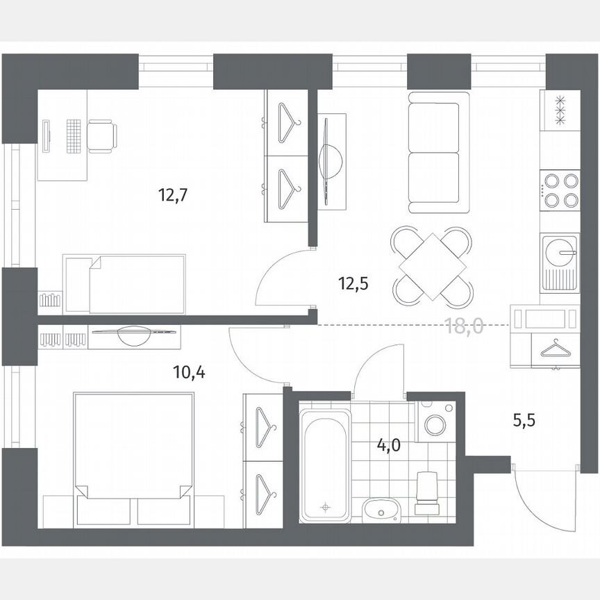 2-к. квартира, 45,2 м², 7/12 эт.