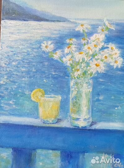 Картина маслом море, цветы