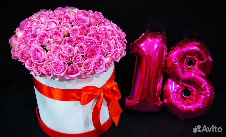 101 розовая роза в шляпной коробке Цветы и розы с