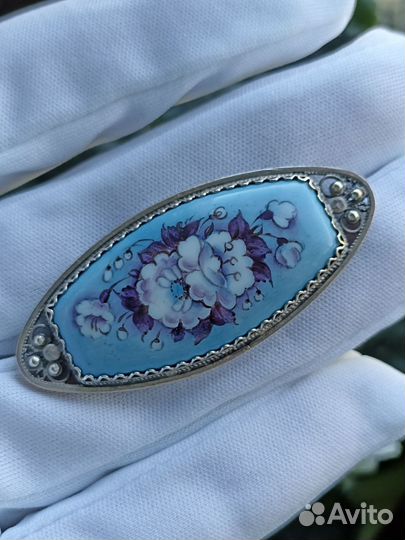 Брошь СССР мельхиор скань финифть голубая
